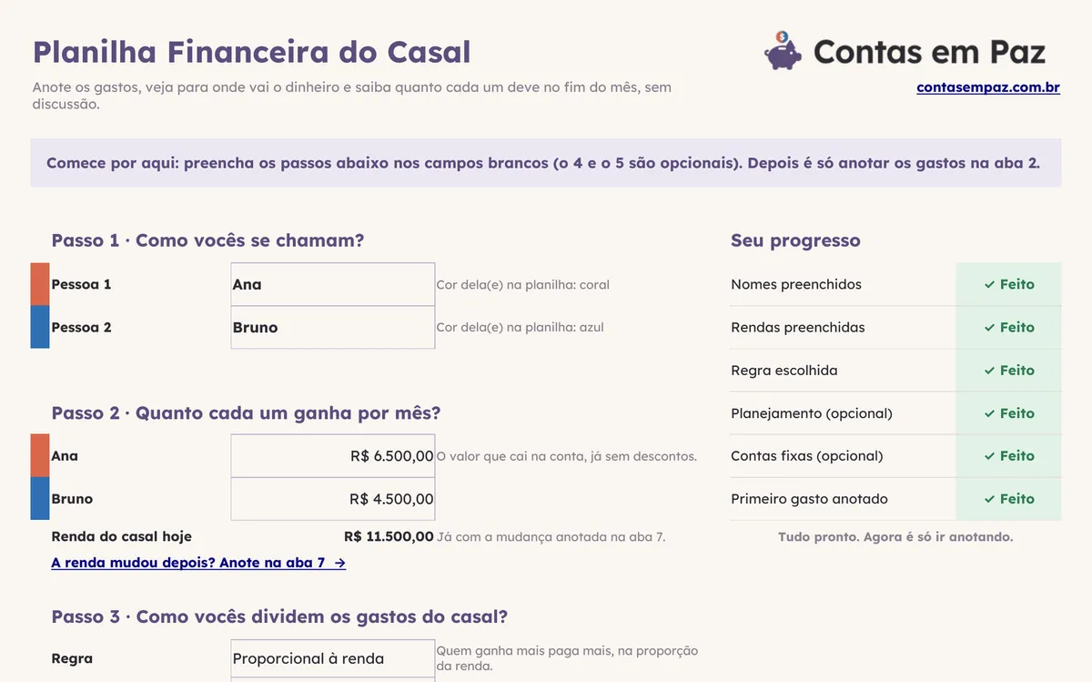 Print da aba 1, Comece aqui, com o quadro Seu progresso